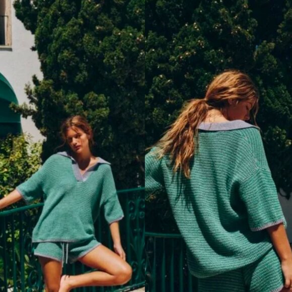 ZARA Knit Green Blue Stripe Sweater Top Short Sleeve Polo Collar Small-Medium - Picture 1 of 6